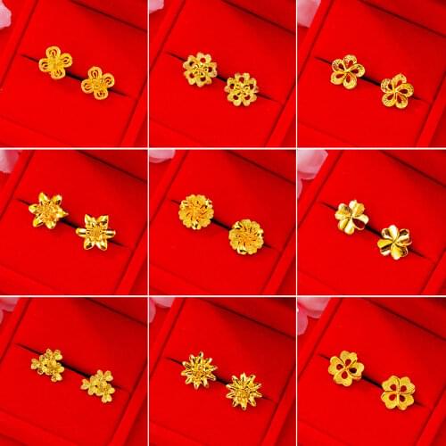 24k gold color flower stud earrings clover lucky knot hollow Gold Earrings for women girls Wedding Party Earrings Jewelry Gifts