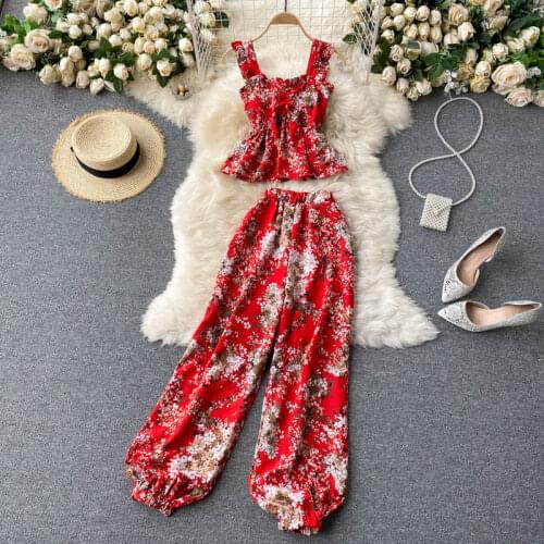 2021 Summer Two Piece Set Women Floral Printed Sleeveless Elasticity Crop Top High Waist Long Pants Suits Ladies Boho Clothing