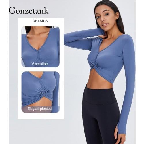 European and American Women Strapless Umbilical Knotted Top Long Sleeve Yoga Wear V-neck Sexy Fitness Top Nude Sports T-shirt