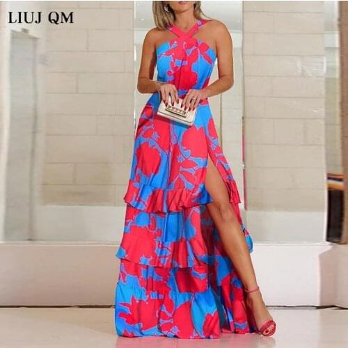 2021 Best Quality Famous Brand Dress Bohemian Print Halter Cascading Ruffles High Split Summer Beach Maxi Dress Sleeveless
