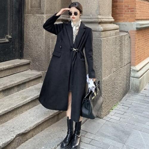 HOT Autumn and winter Women Woollen overcoat Tailored collar Horseshoe buckle Medium length Coat girl Elegant All-match Fashion