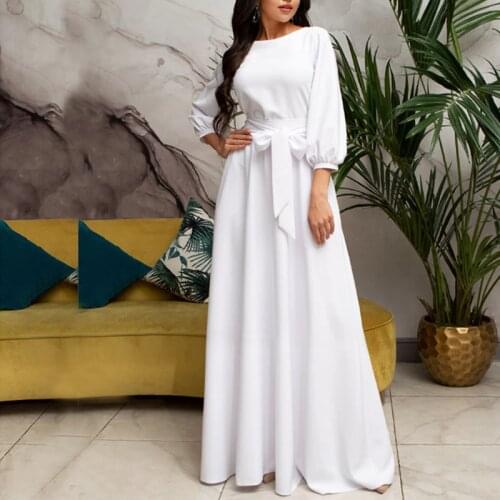 Vintage Bow Tie Maxi Long White Dress Women Lantern Sleeve Elegant Bandage Dress 2021 Solid O Neck Boho Floor-Length Dress