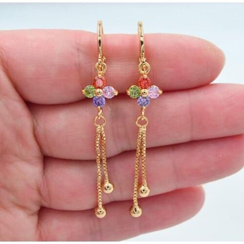 Gold Color Women Fashion Multicolor Zirconia CZ Tassel Dangle Earrings Jewelry