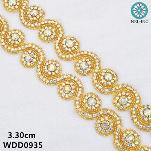 10 yards ) Bridal beaded sewing gold AB crystal Rhinestone Applique Trim iron on for wedding dress belt sash WDD0935