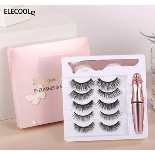 ELECOOL 5 Pairs/Set Magnetic Eyelashes False Lashes Repeated Use Eyelashes Waterproof Liquid Eyeliner With Tweezer Makeup Set