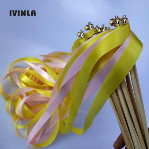 50pcs/lot yellow and pink wedding ribbon wands With gold Bells for wedding decoration