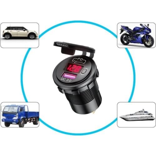 12V 24V Type C PD QC3.0 USB Car Boat Fast Charger With Voltmeter ON OFF Switch