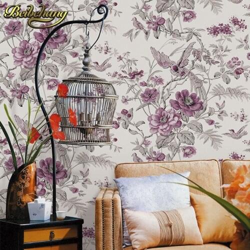 Beibehang papel de parede 3D Pastoral flowers bird Wallpaper Embossed Grey Wall Paper For Living Room Tv Background Covering