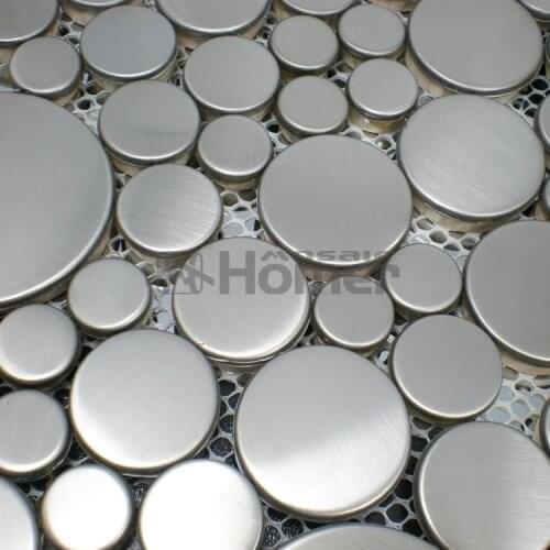 Free shipping big and small round silver drawbench stainless steel mosaic kitchen backsplash tile HME8022 home improvement