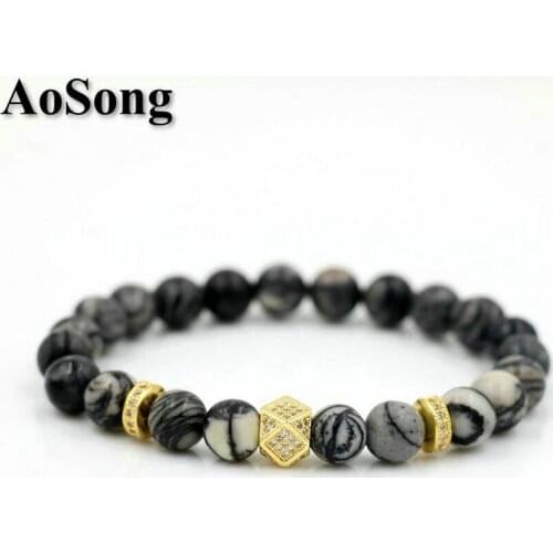 BPPCCR Gray Texture Stone Beads 8mm Gold Color Copper Micro Pave CZ Men Cut Triangle Chakra Energy Bracelets Pulseras Hombre