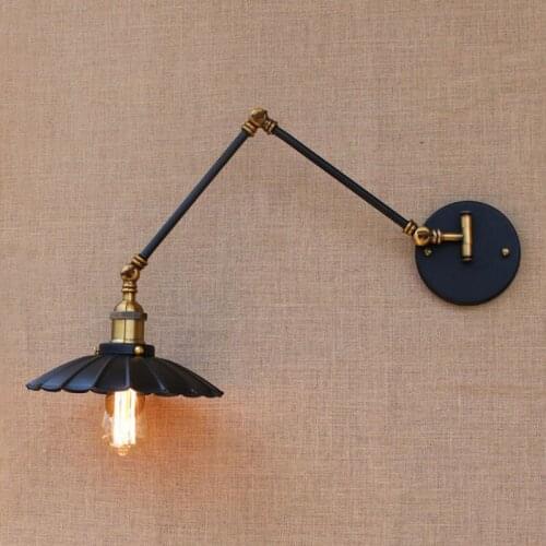 Loft black industrial metal vintage wall lamp E27 light sconce with adjustable long swing arm for workroom bedside bedroom bar