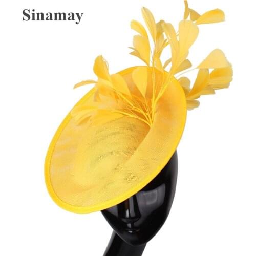 Women Yellow Big Fasciantor Hats Headbands Ladies Headwear With Fancy Feather Hair Accessories Ladies Party Dinner Millinery Cap