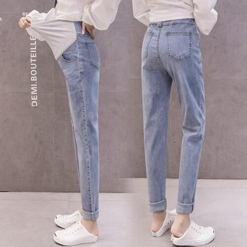 Pregnant womens jeans spring and autumn loose belly lift pants straight leg outer wear casual jeans tide mom straight leg
