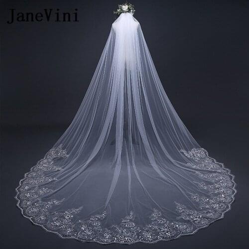 Jane Vini Luxury Beaded Lace Edge Long Bridal Veils Bride Veil 3 Meters One Layer Ivory White Cathedral Wedding Veil With Comb