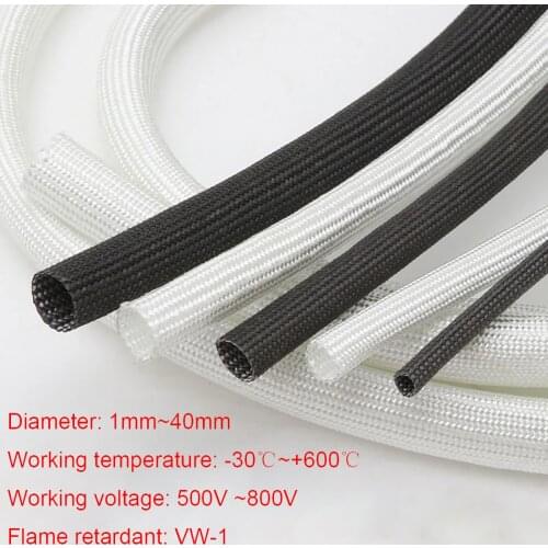 Black White ID 1mm - 50mm Braided Fiberglass Sleeve 600C High Temperature Chemical Glass Fiber Tube Insulation Cable Sleeving