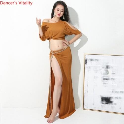 Belly Dance Three-Piece Suit Female adult Elegant Sequins Top Practice Clothes Hot Diamond Belt And Long Skirt Performance Set