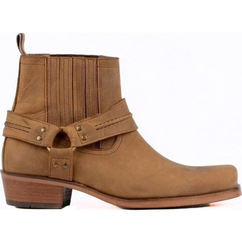 FootCourt- Tan Genuine Leather Tobacco Coloured Elastic Buckle Wide Square Toe Boots Motorcycle Ankle Boots Riding Biker Boots