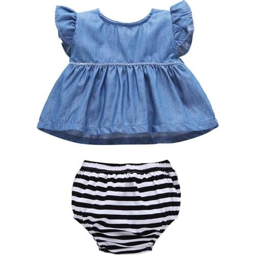 Baby Girl Summer Clothes Set Flying Sleeve Jeans Top + Stripe Shorts Baby Girls Outfit Fashion