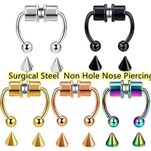 Lot50pcs New Magnetic Clip On Fake Nose Hoop Rings Septum Ring Ball Spike Surgical Steel No Hole Non Piercing Body Jewelry Hot
