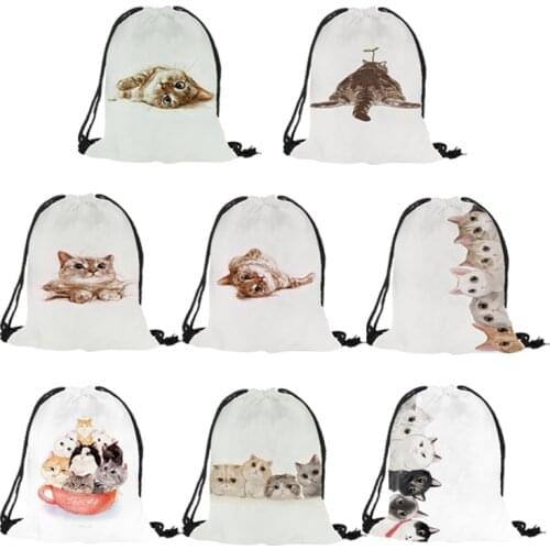 Animal Cute Kitten Hand Printing Drawstring Bag Women Men Softback Travel String Backpack Boys Girls Student School Storage Bags