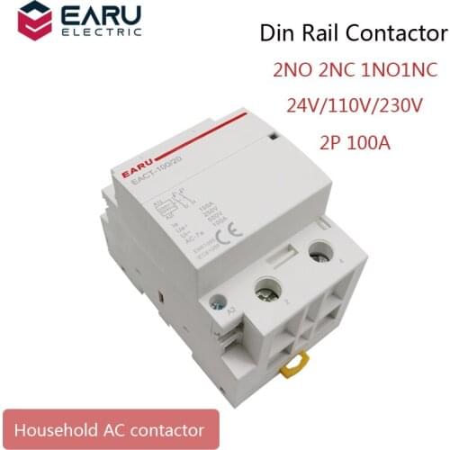 2P 100A AC 110V 220V 50/60Hz Din Rail Household AC Modular Contactor Switch Controller 2NO 2NC 1NO1NC DIY Smart Home House Hotel