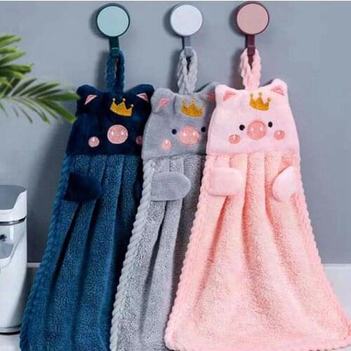 1Pcs Korean Style Soft Hand Towel Cartoon Pig Embroidery Handkerchief for Household Wall Mounted Kitchen Supplies