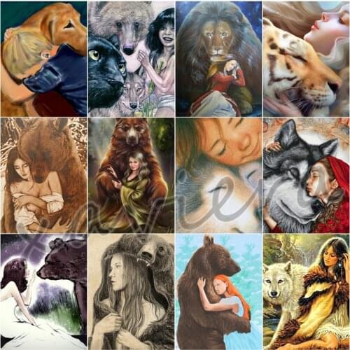 Xaviera Diy 5D Diamond Painting Bear Wolf Girl Cross Stitch Kit Full Square Drill Mosaic Embroidery Rhinestone Handmade Gifts