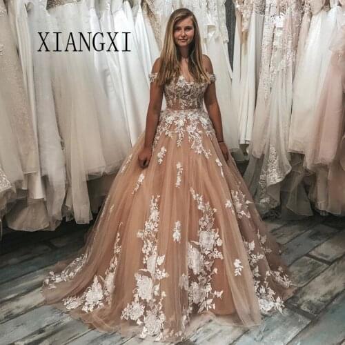 Charming Champagne Long Evening Dress 2020 Ball Gown Off The Shoulder Court Train Evening Dresses Lace Appliques Evening Dress F