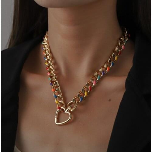 Minar Punk Hip Hop Multicolor Chunky Cuban Chain Necklace for Women Gold Color Metal Wide Curb Link Necklace Collar Choker