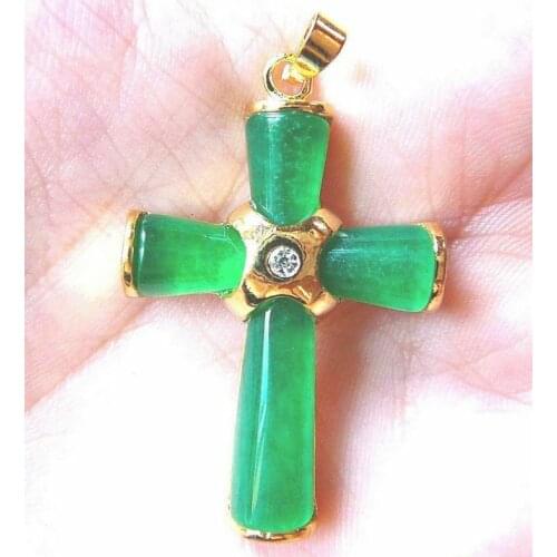 Rare Asian Charm green Jade Cross Pendant Necklace 17"