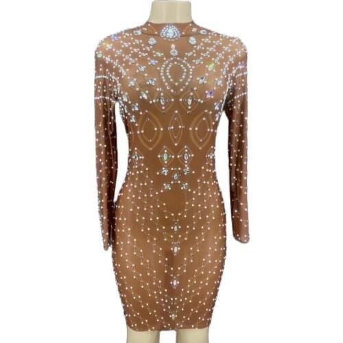 Perspective Crystal Rhinestone Long Sleeves Sexy Evening Dress Women Party Prom Formal Dress Nightclub Singer Stage Show Costume