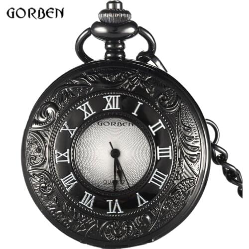 Retro Antique Bronze Black Pocket Watch Vintage Flip Fob Quartz Mens Watch With Chain Roman Number Japan Movt Relogio De Bolso