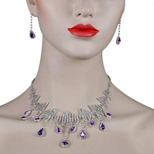Chran Luxury Rhinestone Silver Plated Purple Drop Crystal Wedding Jewelry Sets Charm Bridal Necklace Earrings Set