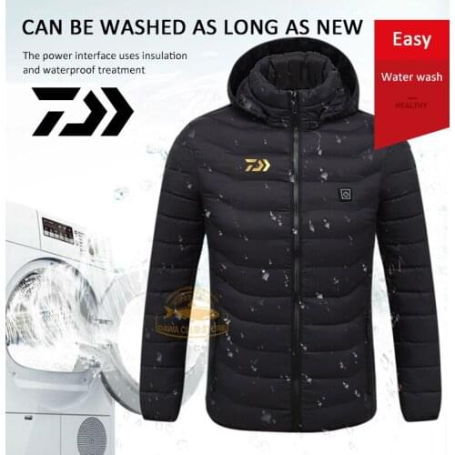 Daiwa Heated Fishing Jackets USB Carbon Fiber Heating Coat Long Sleeves Heating Hooded Jackets Warm Winter Thermal Clothing
