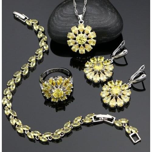 Silver 925 Bridal Jewelry Sets For Women Yellow Cubic Zirconia Earrings Pendant Ring Bracelet Necklace Silver Jewelry Sets