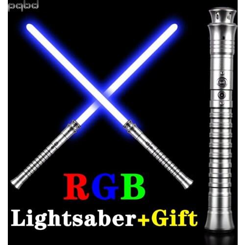 Pqbd RGB Lightsaber Silver Metal Handle Cosplay Lightstick with 3 Sets Soundfonts Sword Toy LED For Children Gifts