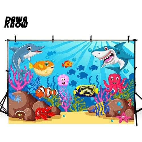DAWNKNOW Cartoon Seabed Shark Vinyl Photography Background For Baby Dolphin Photo Shoot Backdrop For Wedding Photo Studio lv480
