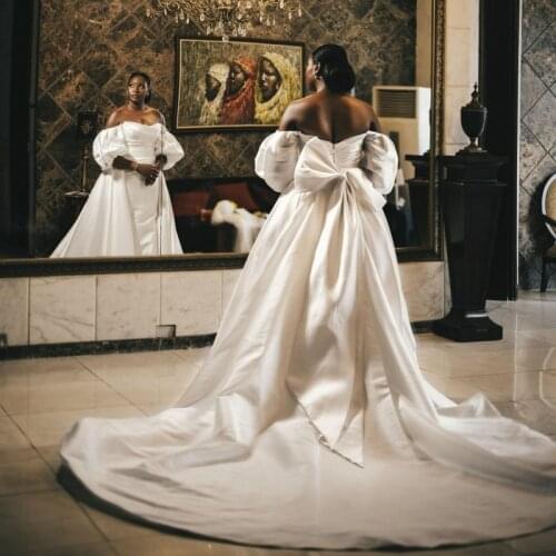 Vintage Satin Mermaid Wedding Dresses With Deatachable Train Off The Shoulder Puffy Half Sleeves Plus Size Bridal Dress Big Bow