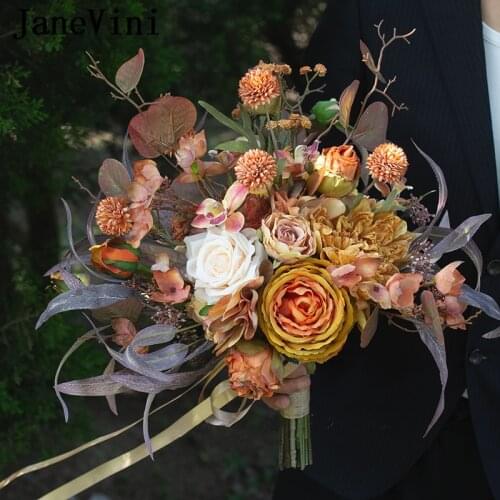 JaneVini 2021 Vintage Autumn European Style Orange Rose Silk Wedding Bouquet Artificial Bridal Hand Flower Bouquet Seidenblumen