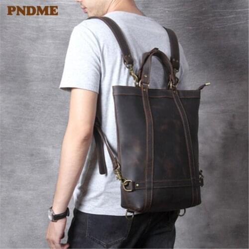 Vintage genuine leather mens backpack designer luxury crazy horse cowhide womens multifunctional laptop bagpack work tote bag
