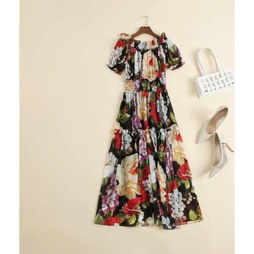 American European womens and wear 2021 summer new style Short sleeved one-collar flower print Fashionable black dress