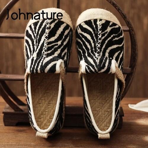 Johnature Flats Women Shoes Striped Casual 2020 New Embroider Round Toe National Style Handmade Concise Linen Ladies Shoes