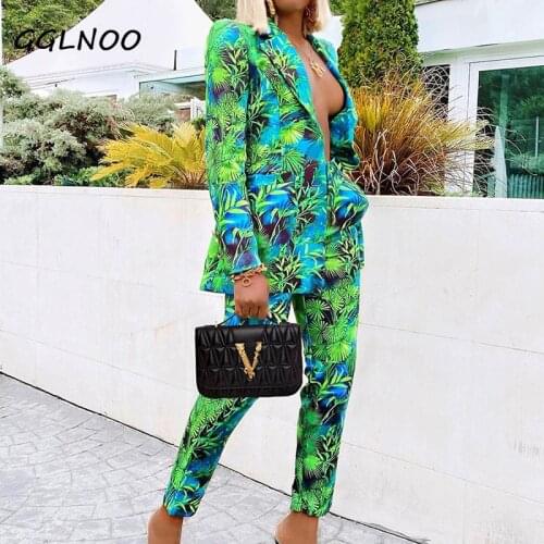 GGLNOO Womens Pantsuit 2021 Vintage Green Turndown Collar Blazer & Loose Pant 2 Pieces Sets Fashion Spring Female Trouser Suit