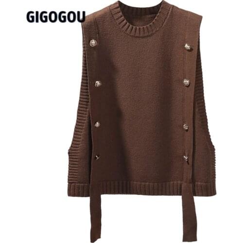 GIGOGOU Button Decorate Women Sweater Vest O Neck Solid Korean Fashion Tank Top Autumn Spring Knit Pullover Waistcoat Pull Femme