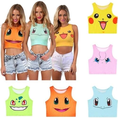 Anime Pokemon Pikachu Women Vest Cute Cartoon Printing Sexy Sleeveless Bare Navel Design Vest Tops For Summer Beach swimwear