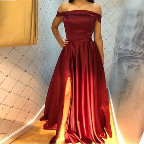 Off Shoulder Long Prom Dress A-line Simple Satin Women Formal Party Dress Burgundy Dark Green Front Split Vestidos De Prom Gowns