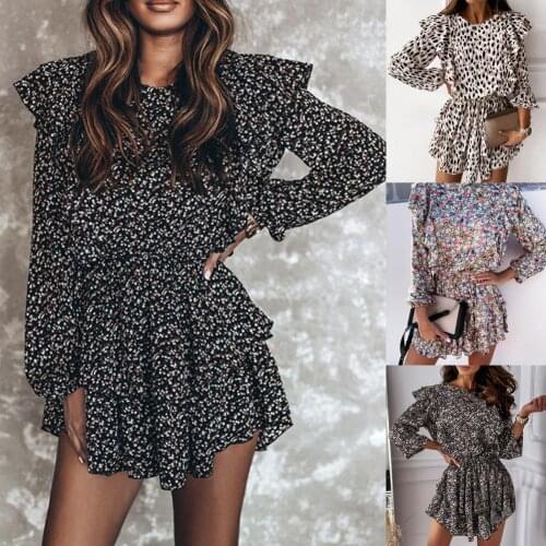 Elegant Women Floral Mini Dress Flying Sleeve Round Neck Leopard Print Ruffle Layered Dress Women Accessory Womens Clothing