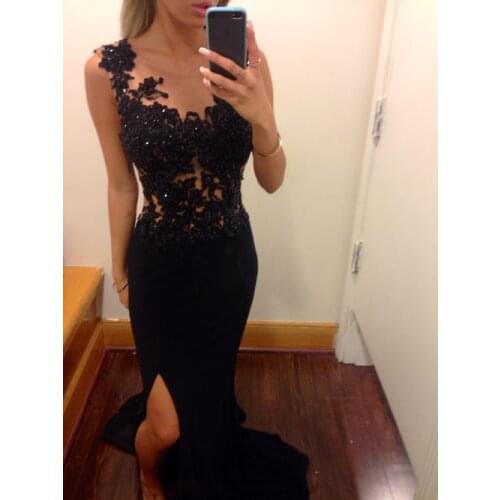 New Arrival 2018 Vestido De Festa Vestidos Longo Black lace Applique O-neck Mermaid Side slit Party Gown bridesmaid dresses