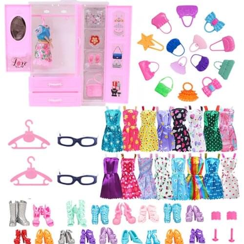 30pcs Barbies Doll Clothes Accessories=Wardrobe+Hangers+Crown+High heels+Bags+Skirts+Glasses+Earrings+Bracelets Russian DIY Toys