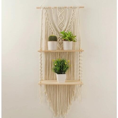 Boho Style Macrame Rope Woven Wood Shelf Tapestry Tassel Wall Floating Hanging Art Organizer Hanger Home Decor Handmade